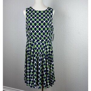 Donna Morgan Women's Fit and Flare Dress Blue Green Geo Print Knee Length 14